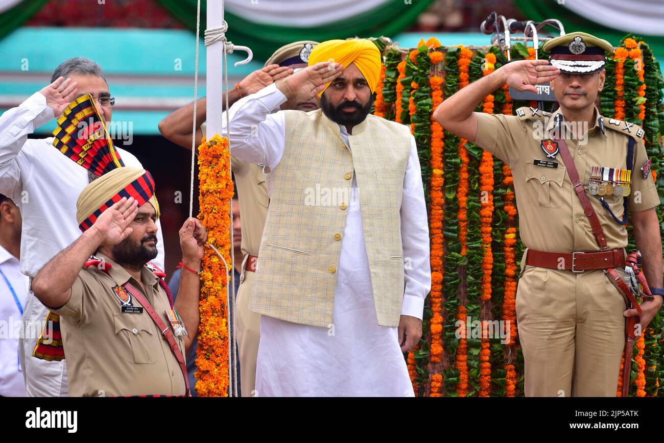Ludhiana, India. 16th Aug, 2022. LUDHIANA, INDIA - AUGUST 15: Punjab CM Bhagwant Mann inspects the parade during 76th Independence Day celebrations, at Guru Nanak Stadium, on August 15, 2022 in Ludhiana, India. (Photo by Gurpreet Singh/Hindustan Times/Sipa USA ) Credit: Sipa USA/Alamy Live News Stock Photo
