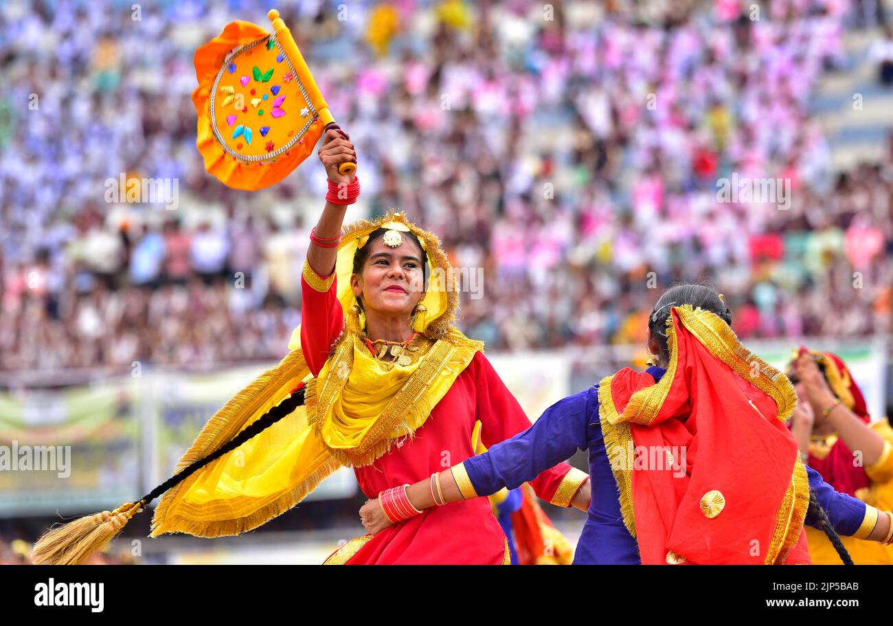 Ludhiana, India. 16th Aug, 2022. LUDHIANA, INDIA - AUGUST 15: School Student perform during 76th Independence Day celebrations, at Guru Nanak Stadium, on August 15, 2022 in Ludhiana, India. (Photo by Gurpreet Singh/Hindustan Times/Sipa USA ) Credit: Sipa USA/Alamy Live News Stock Photo
