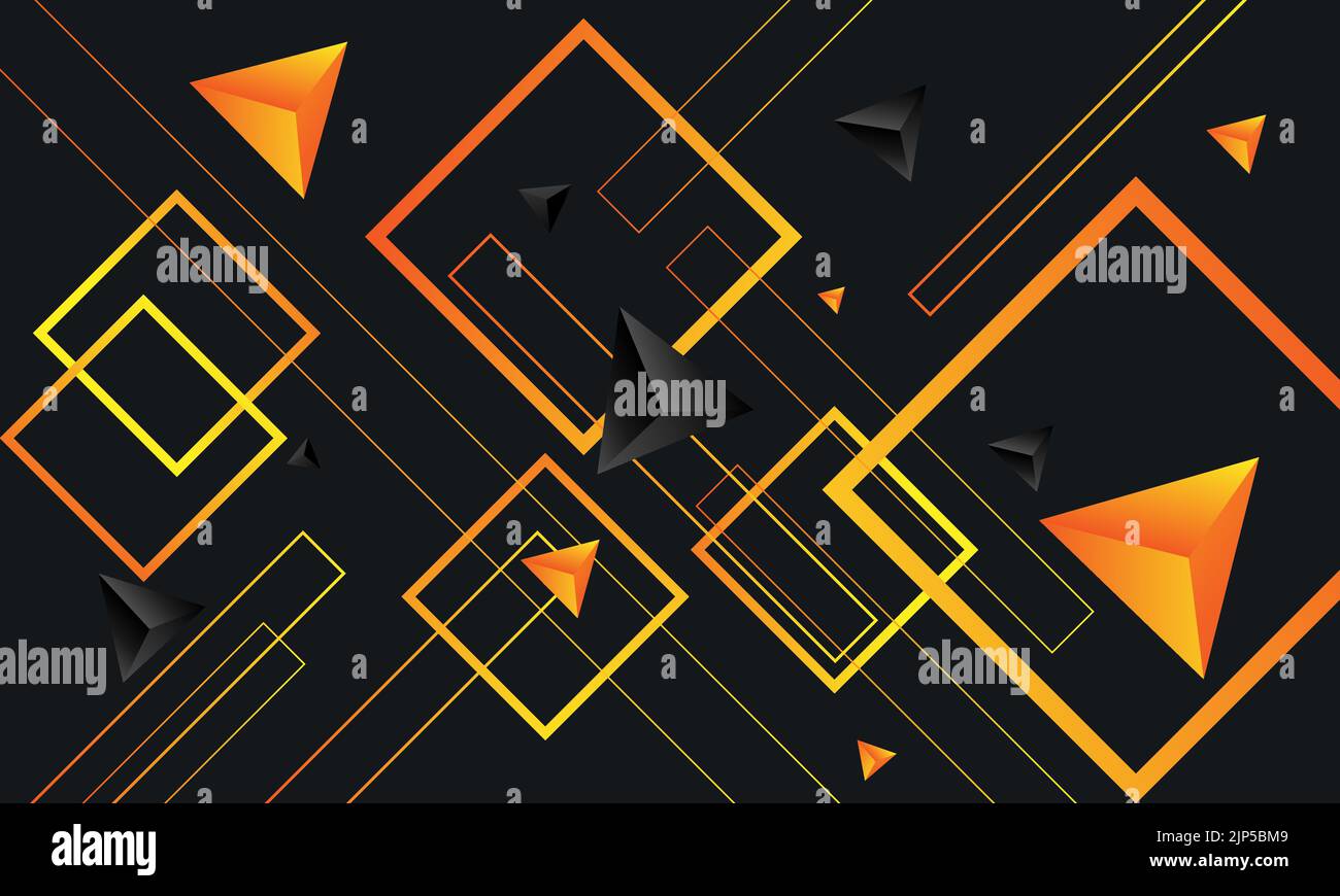 An abstract design of orange triangles and square outlines on black ...
