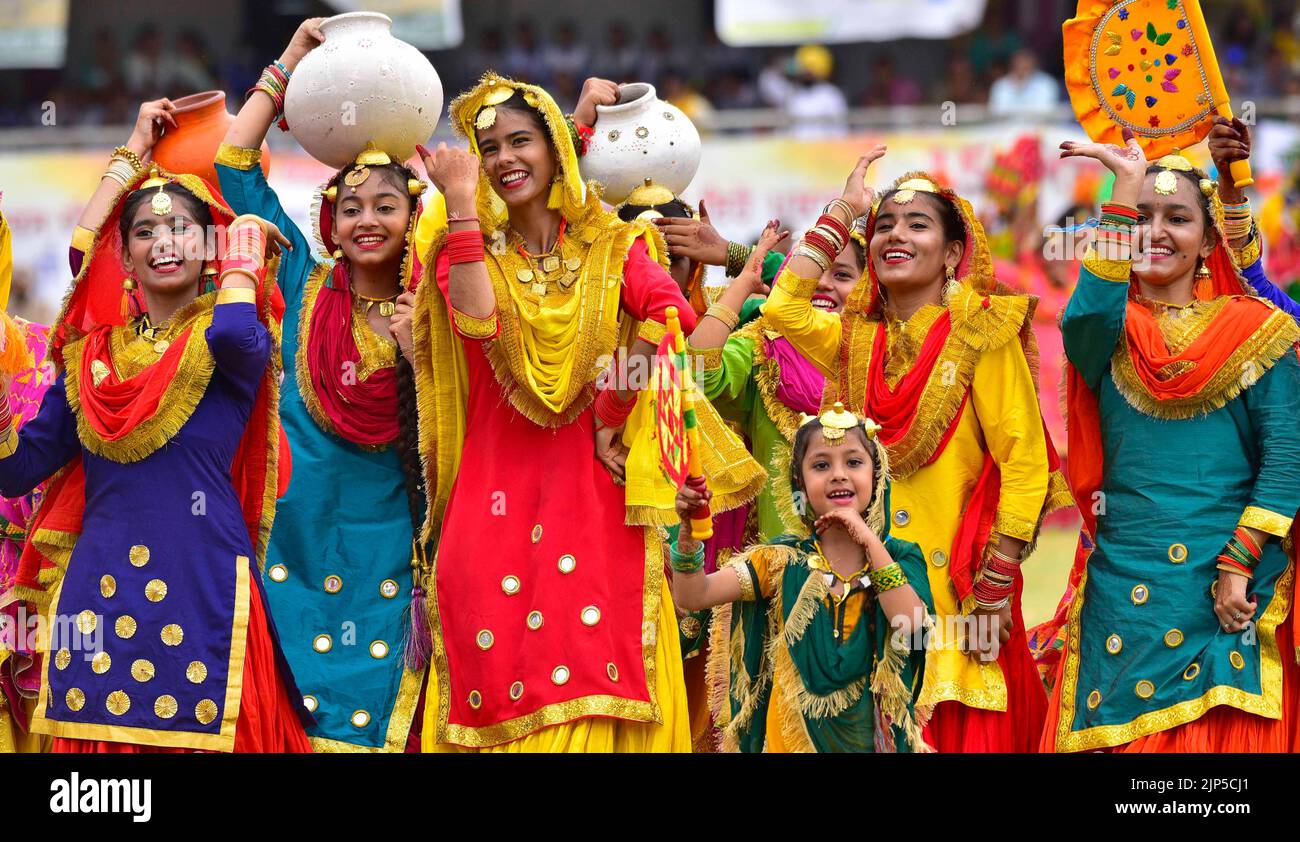 Ludhiana, India. 16th Aug, 2022. LUDHIANA, INDIA - AUGUST 15: School Student perform during 76th Independence Day celebrations, at Guru Nanak Stadium, on August 15, 2022 in Ludhiana, India. (Photo by Gurpreet Singh/Hindustan Times/Sipa USA ) Credit: Sipa USA/Alamy Live News Stock Photo