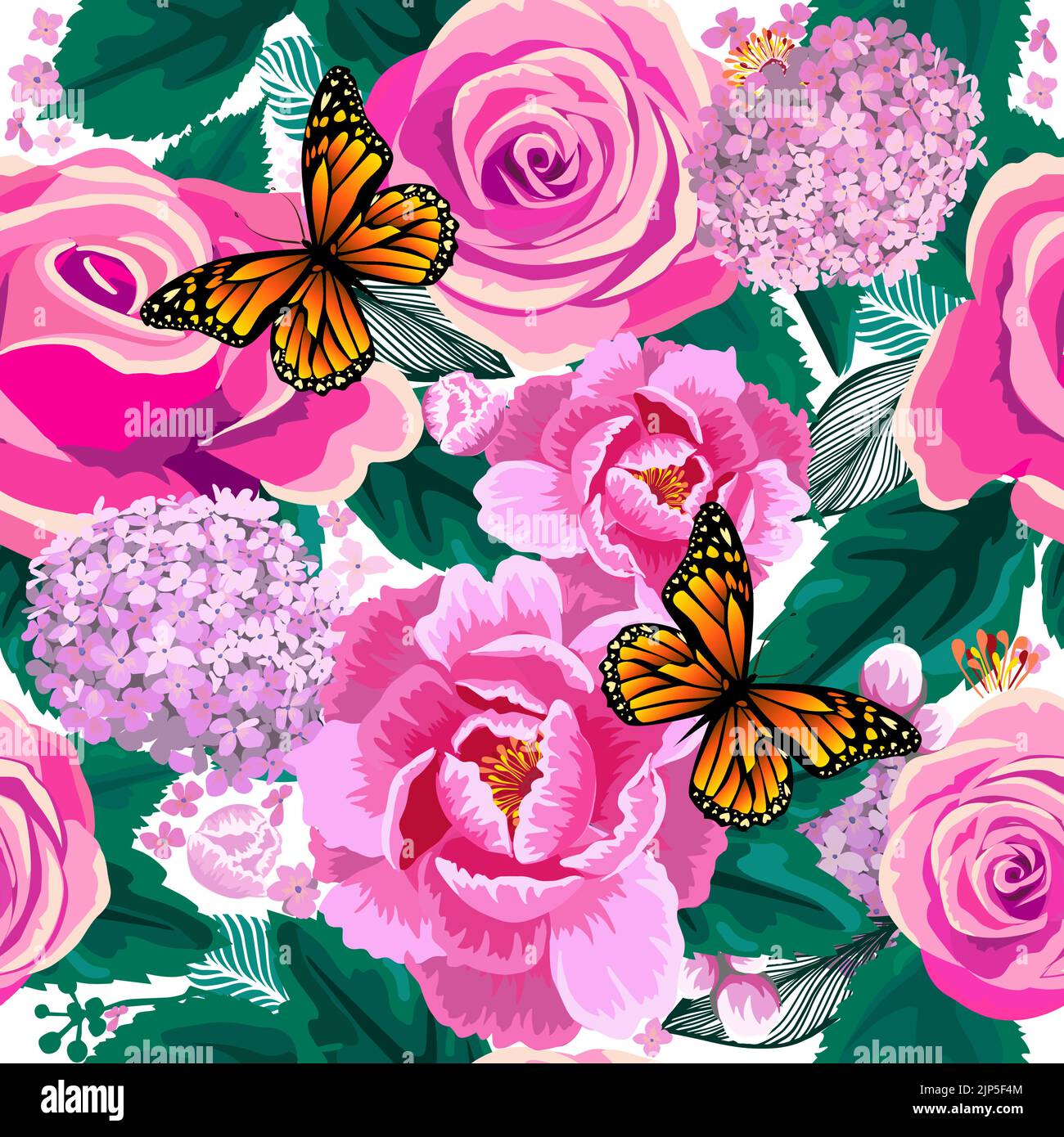 Pink roses seamless pattern with butterflies. Vector illustration Stock ...