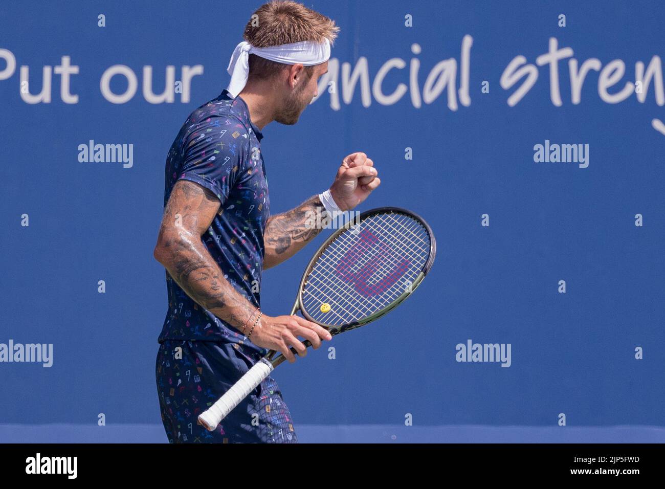 Mason, Ohio, USA. 15th Aug, 2022. Alex Molcan (SVK) reacts to a shot during Monday's first round of the Western and Southern Open at the Lindner Family Tennis Center, Mason, Oh. (Credit Image: © Scott Stuart/ZUMA Press Wire) Stock Photo