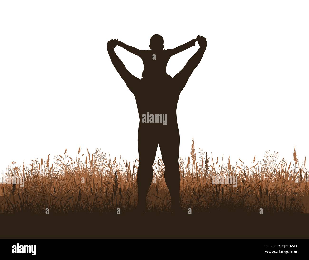 Father's Day. Silhouette of a father on his shoulders with his son in nature. Vector illustration Stock Vector