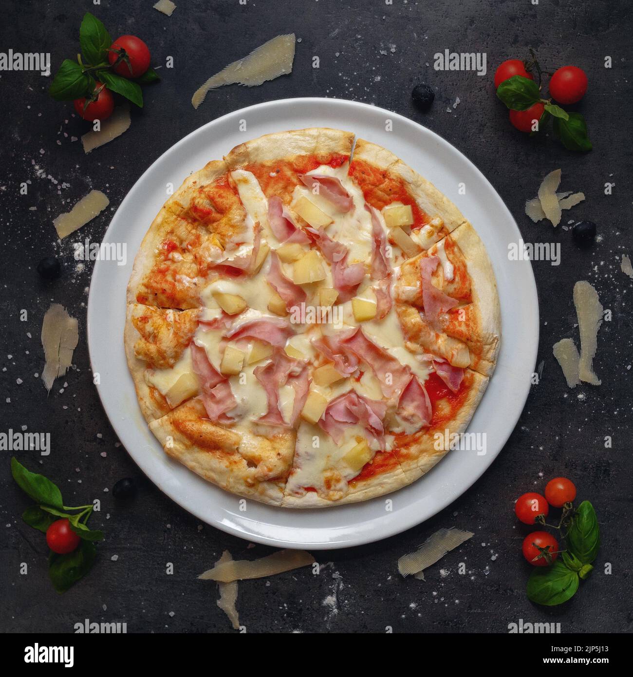 Traditional Italian Pizza Hawaii Style With Beautiful Background Stock