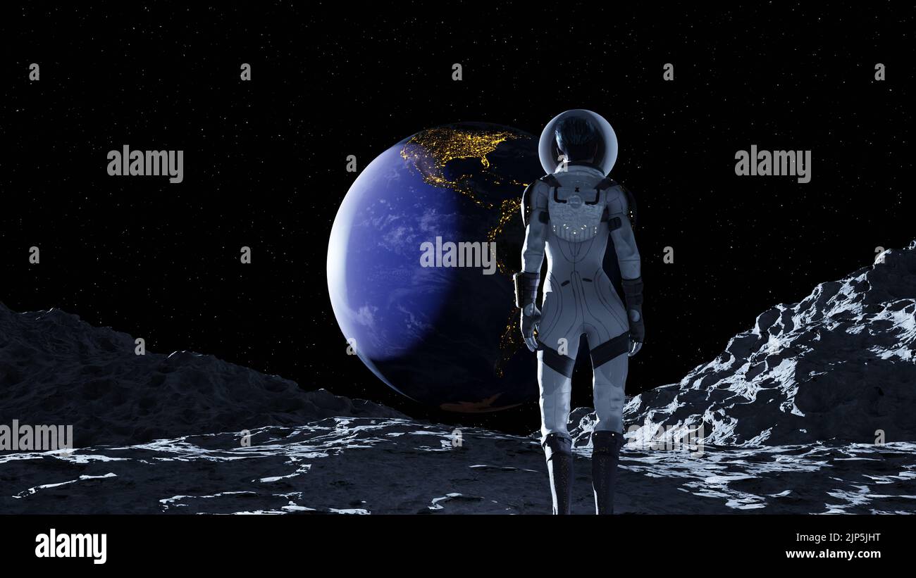 A back view of a female in a spacesuit walking on the Moon with a view ...