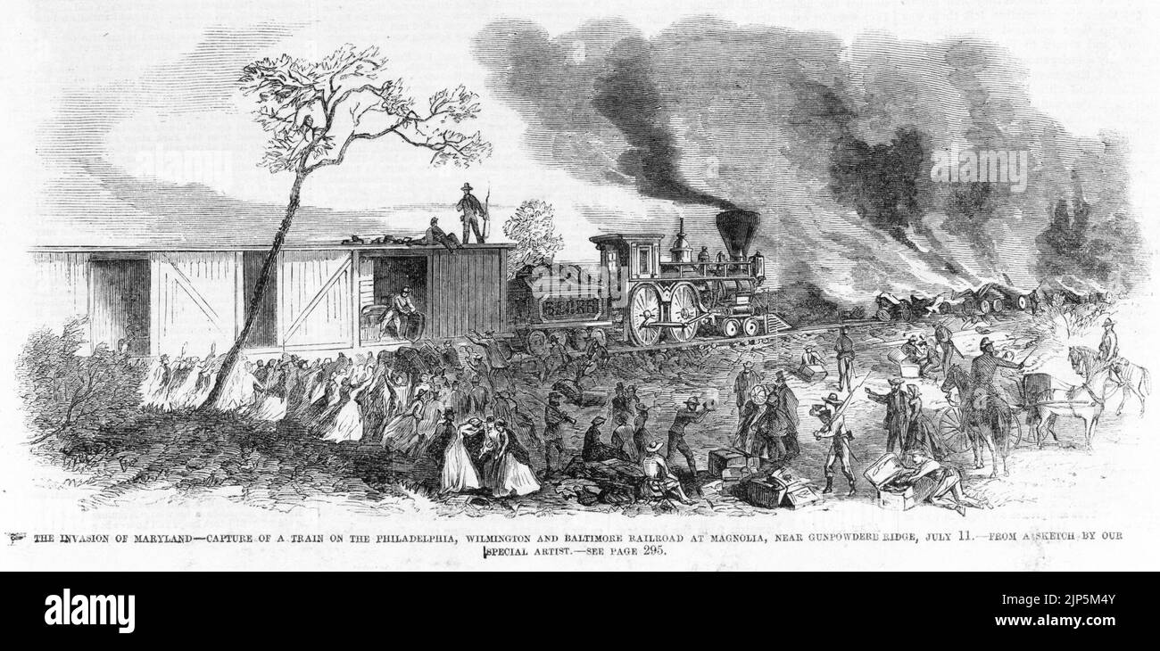 The invasion of Maryland-capture of a train on the Philadelphia, Wilmington and Baltimore Railroad at Magnolia, near Gunpowderb (sic) Ridge, July 11 - from a sketch by our special artist. Stock Photo