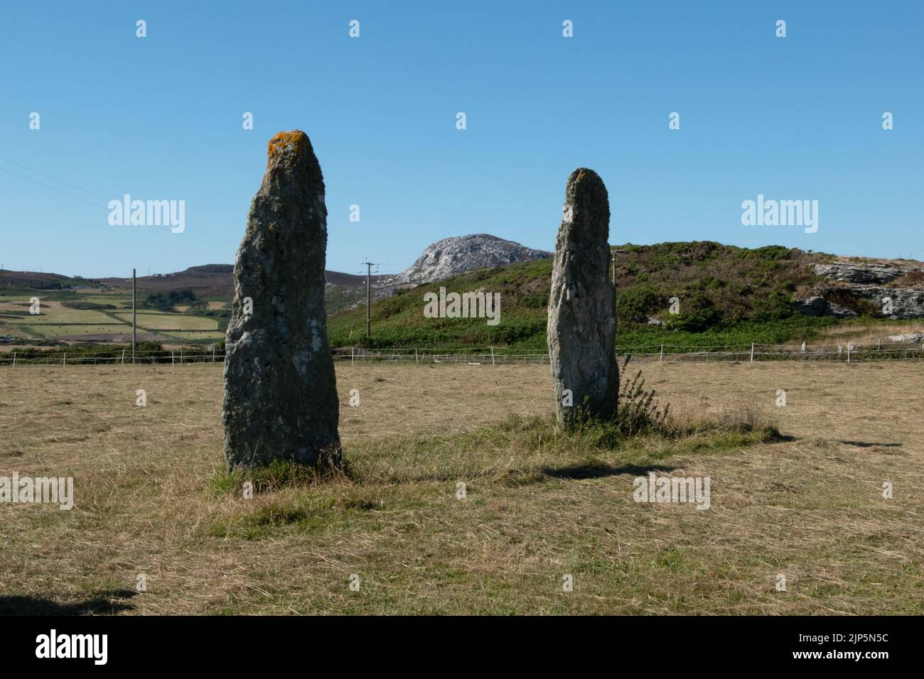 Standing Stones at Plas Meilw, Penrhosfeilw, Holyhead Island, Gwynedd, Wales. Stock Photo