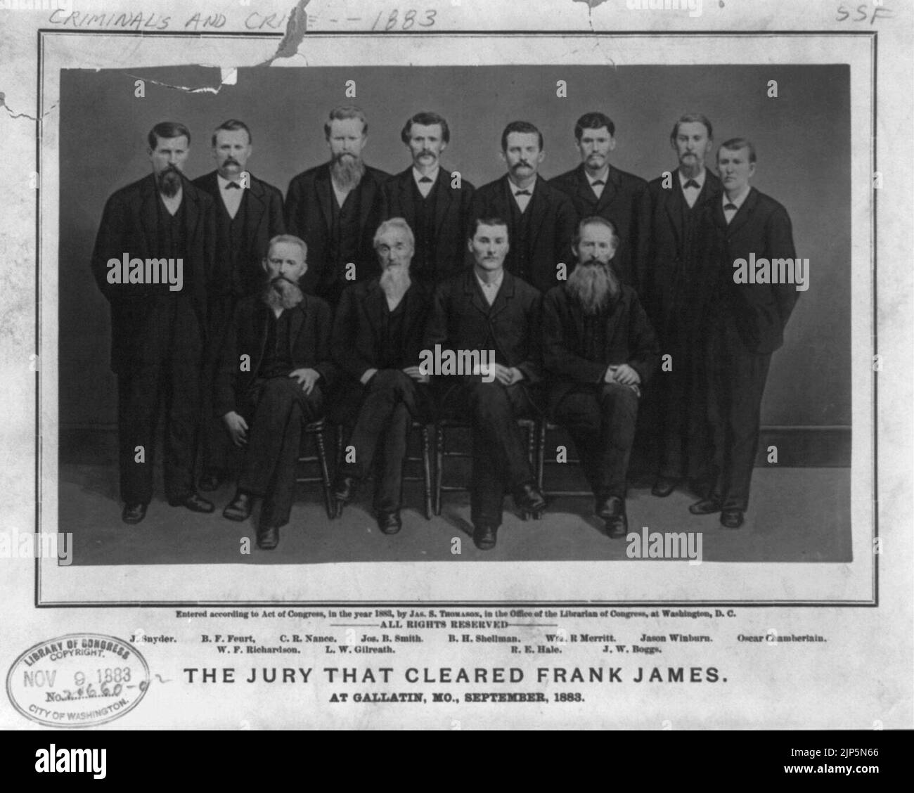 The jury that cleared Frank James, at Gallatin, Mo., September 1883- J. Snyder, B.F. Feurt, C.R. Nance, Jos. B. Smith, B.H. Shellman, William R. Merritt, Jason Winburn, Oscar Chamberlain, Stock Photo