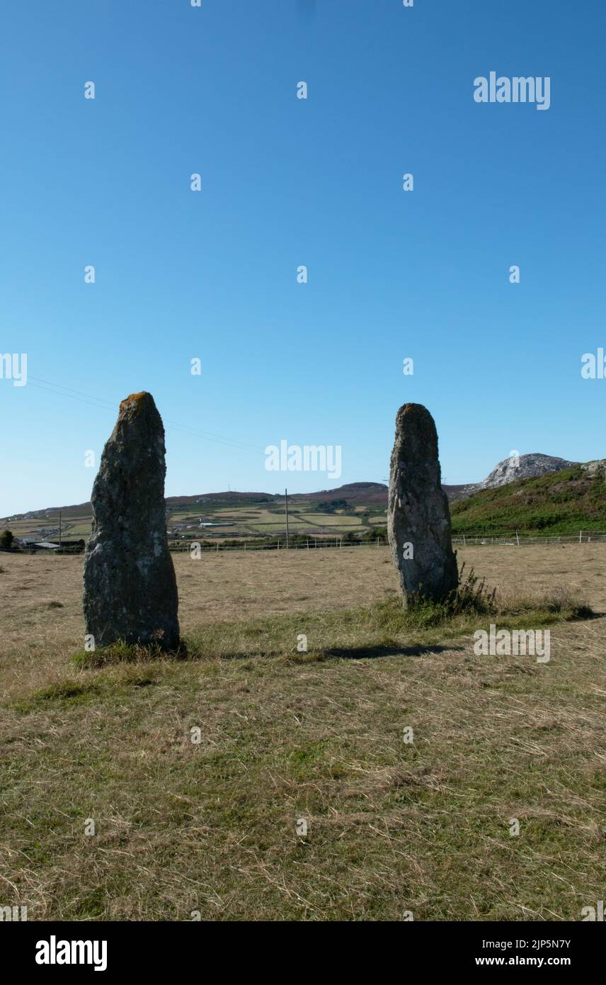Standing Stones at Plas Meilw, Penrhosfeilw, Holyhead Island, Gwynedd, Wales. Stock Photo