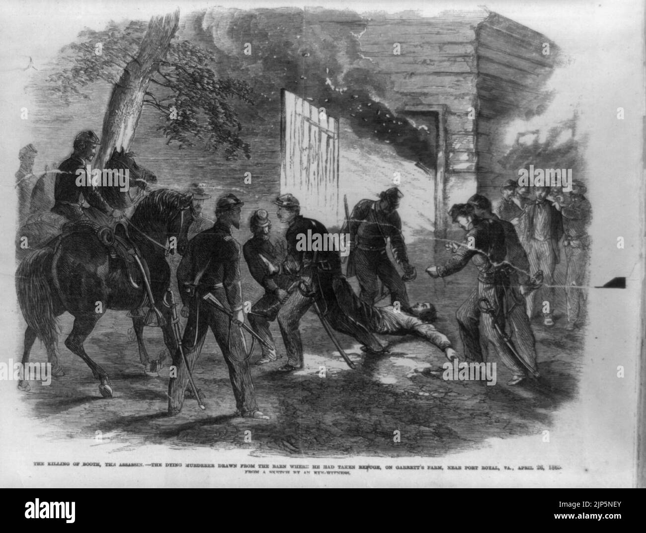 The killing of Booth, the assassin - the dying murderer drawn from the barn where he head taken refuge, on Garrett's farm, near Port Royal, Va., April 26, 1865 Stock Photo