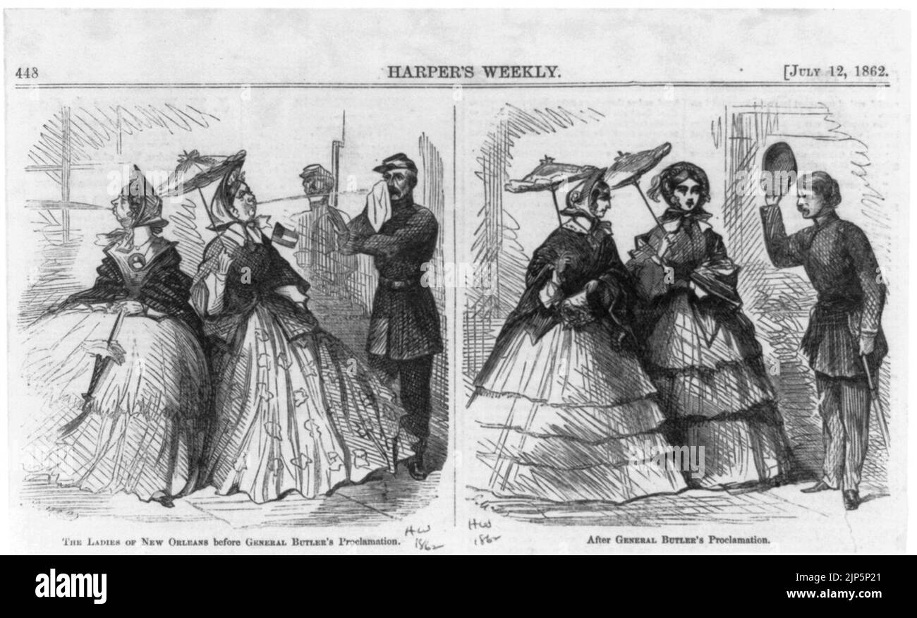 The ladies of New Orleans before Gen. Butler's Proclamation (2 ugly women spitting in face of Union officer); After ... Proclamation (Officer tipping hat to 2 attractive women. Cartoon Stock Photo