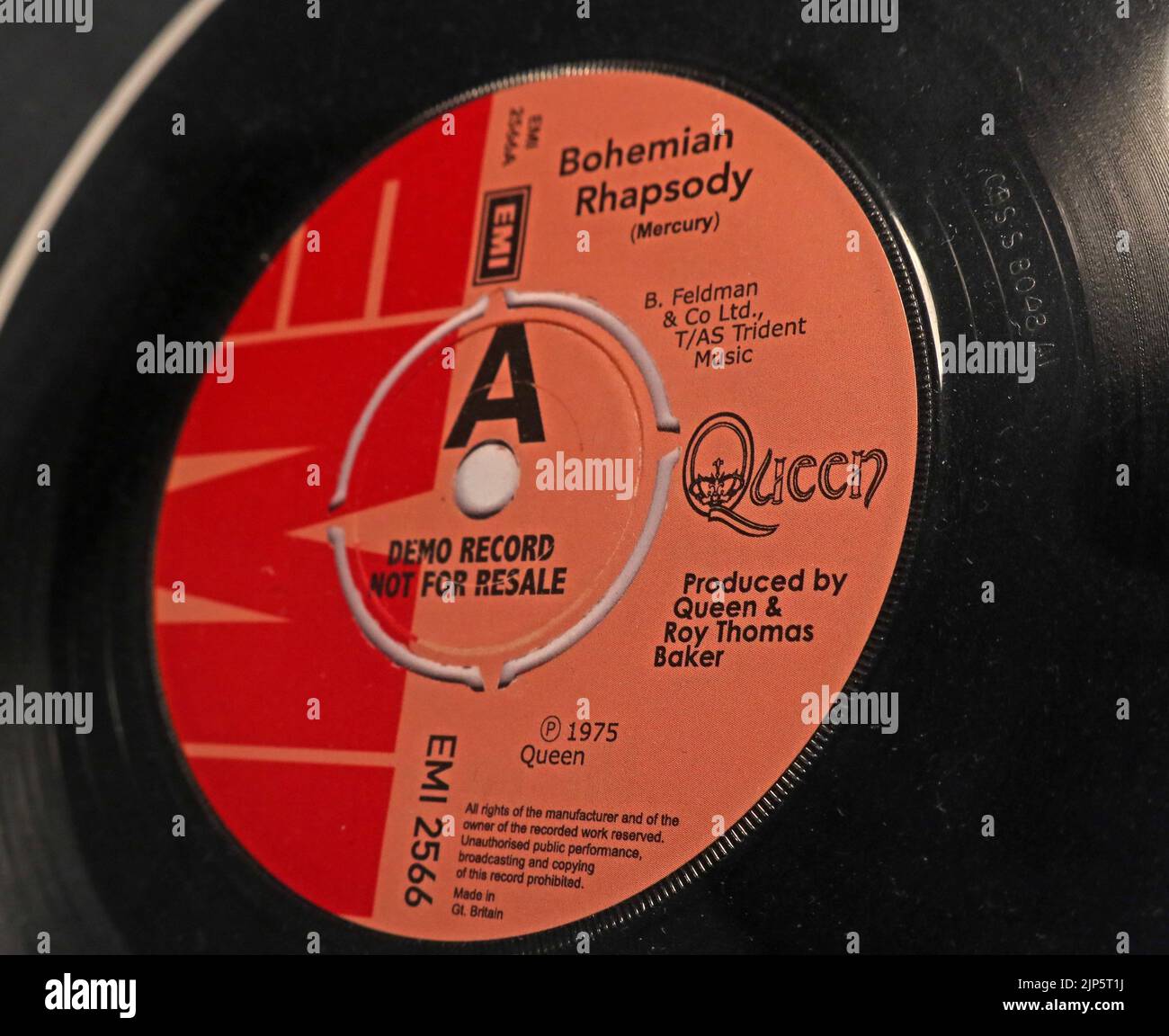 EMI 2566, Demo Record Not For sale, Queen, Bohemian Rhapsody, 1975, produced by Roy Thomas Baker Stock Photo