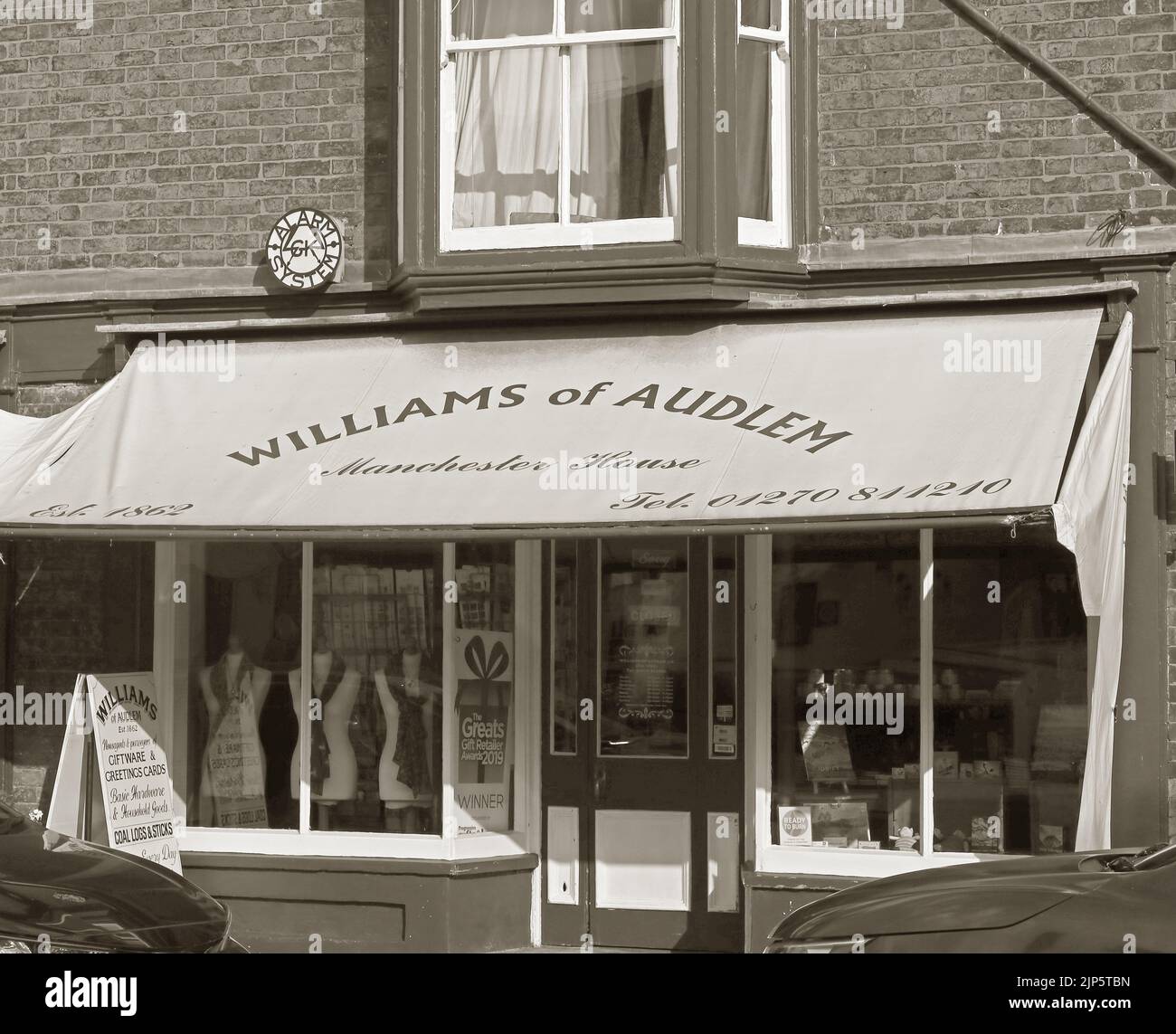 Williams of Audlem, Manchester House, 1 Shropshire Street, Audlem, Cheshire, England, UK, CW3 0AB - monochrome Stock Photo