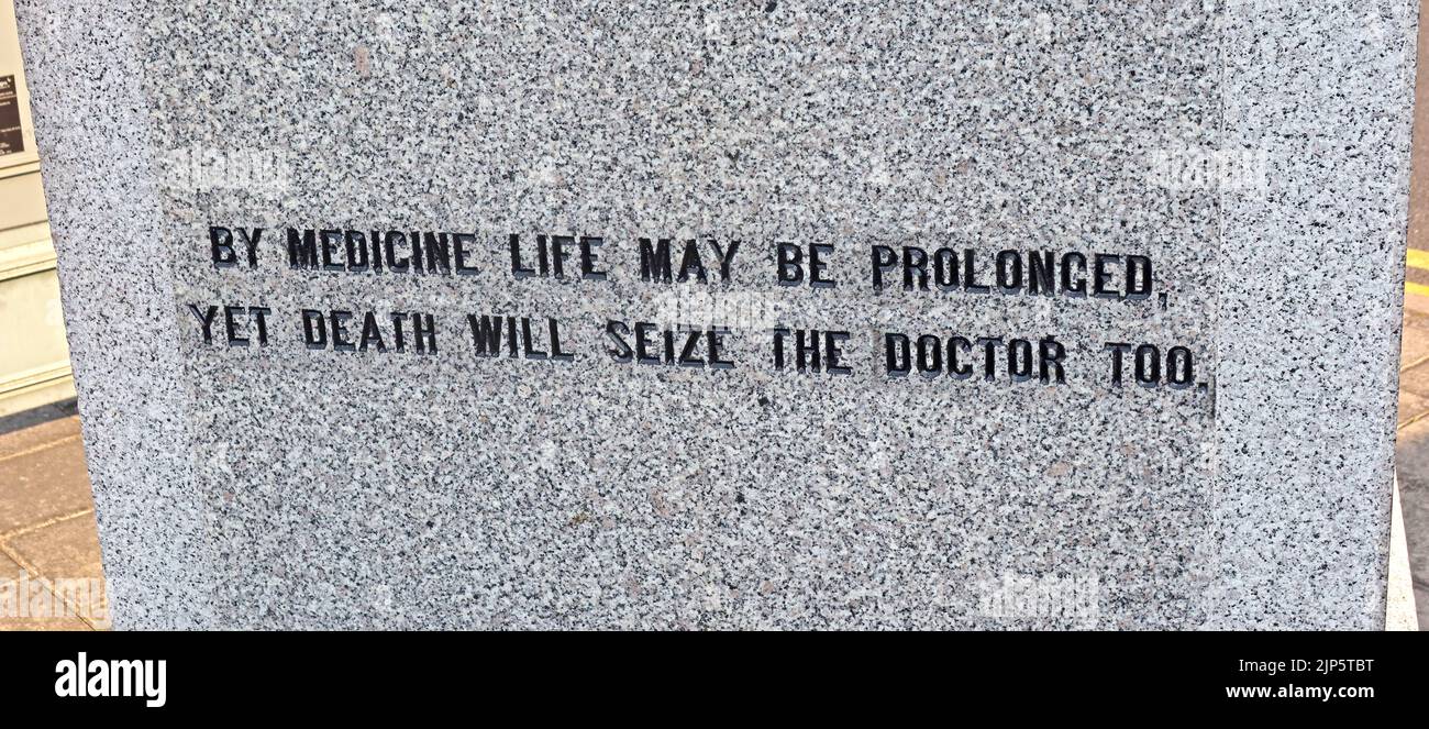 Monument inscription, By Medicine Life May be prolonged, Yet death will seize the doctor too, Audlum Audlem town centre, Crewe, Cheshire, UK, CW3 0AB Stock Photo