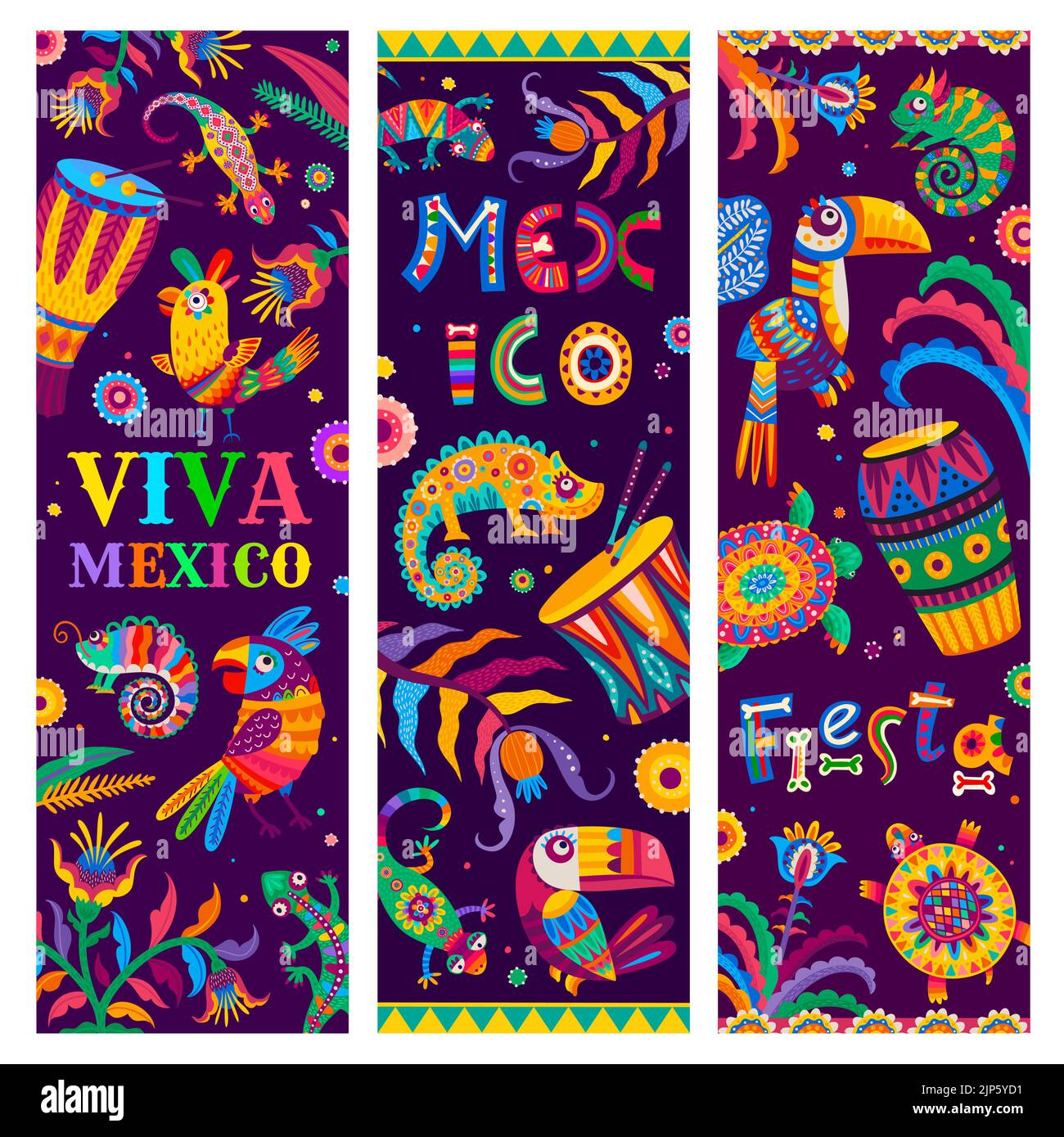 Viva Mexico, brazilian and mexican fiesta holiday banners with bright color vector pattern of animals, flowers and drums. Chameleons, toucans, parrots and turtles, gecko lizards and tropical plants Stock Vector