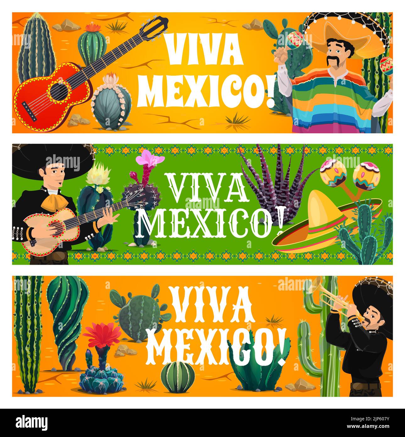 Viva Mexico vector banners of mexican mariachi musicians, music ...