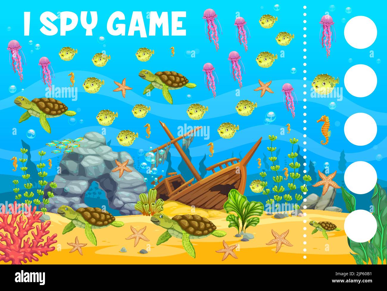 Underwater landscape with sea animals, I spy game worksheet. Vector