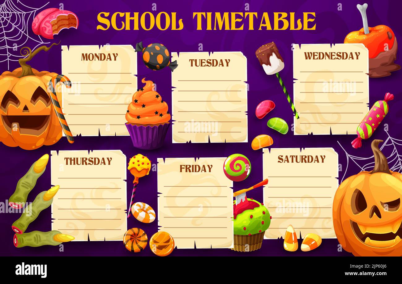 School timetable schedule. Halloween cartoon holiday pumpkins, sweets