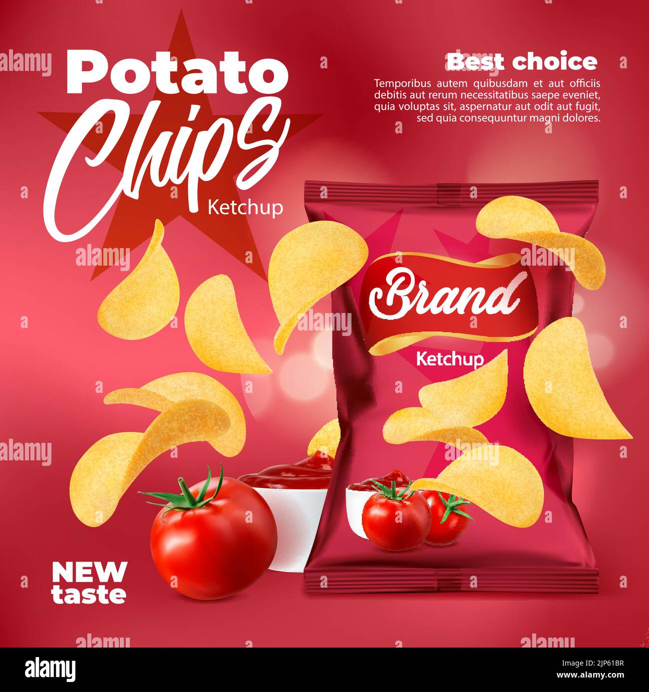 Realistic ketchup flavored potato chips snack food package. Salty and