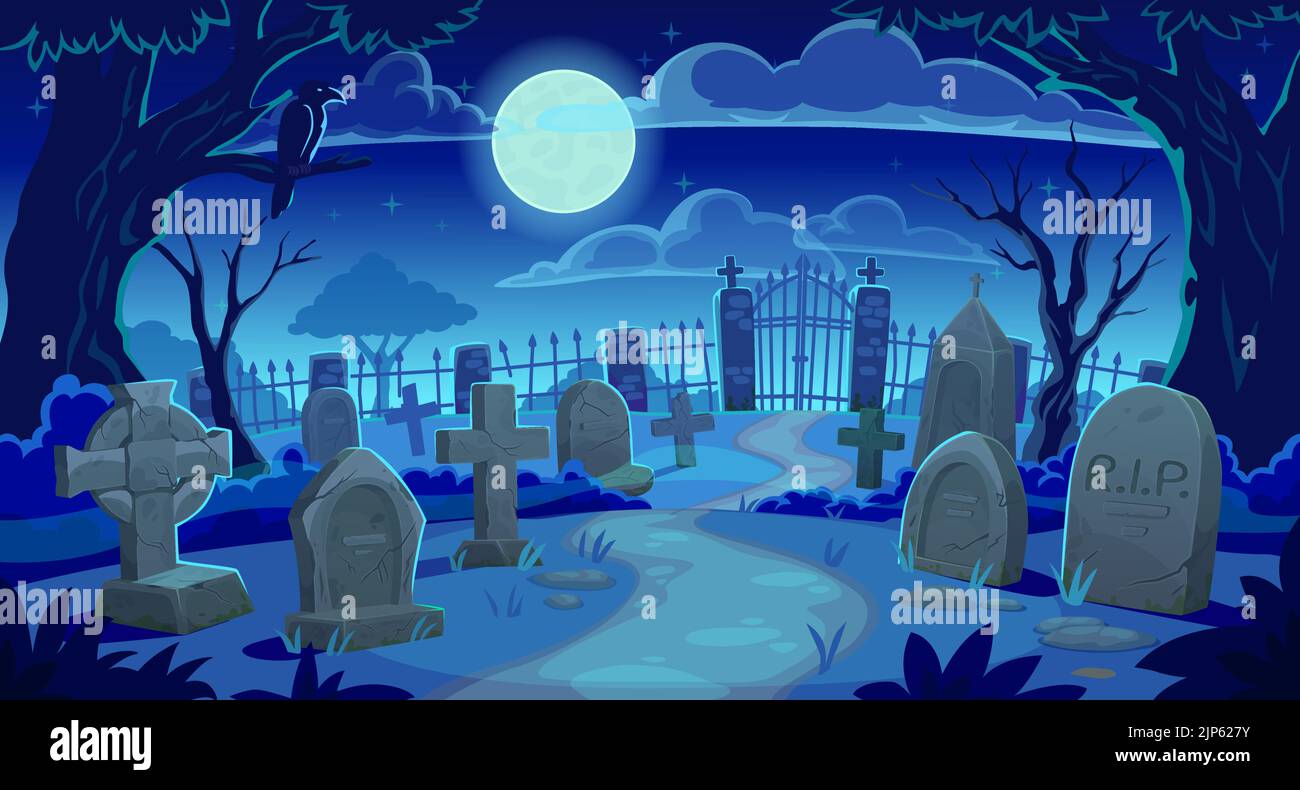 Cemetery landscape, graveyard tombstones background, vector Halloween horror night. Cartoon cemetery landscape with scary tombstones and spooky moon, RIP gravestones and creepy dark graves Stock Vector