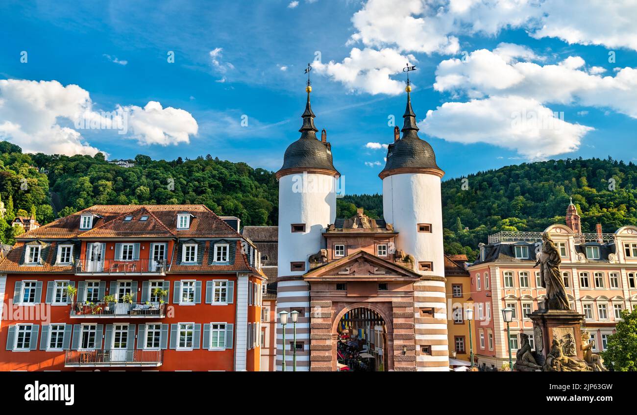 Stadttor Gate from the Old Bridge in Heidelberg, Germany Stock Photo