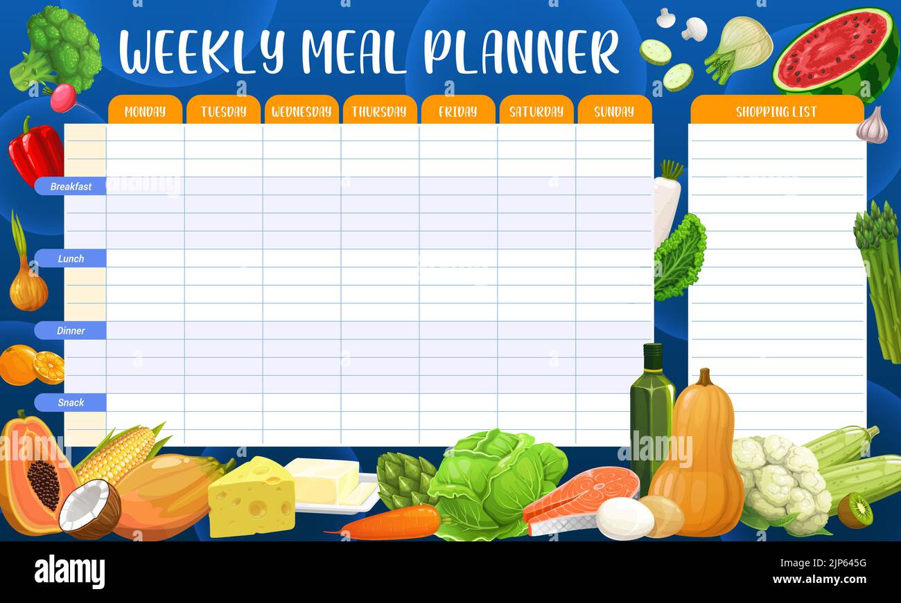 Natural fruits, vegetables and dairy products weekly meal planner