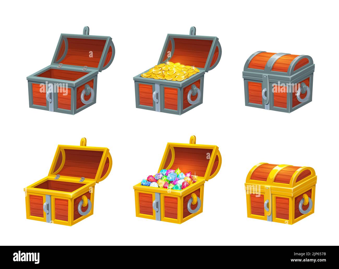 Cartoon chest treasure box with gold coins and gemstones, vector pirate