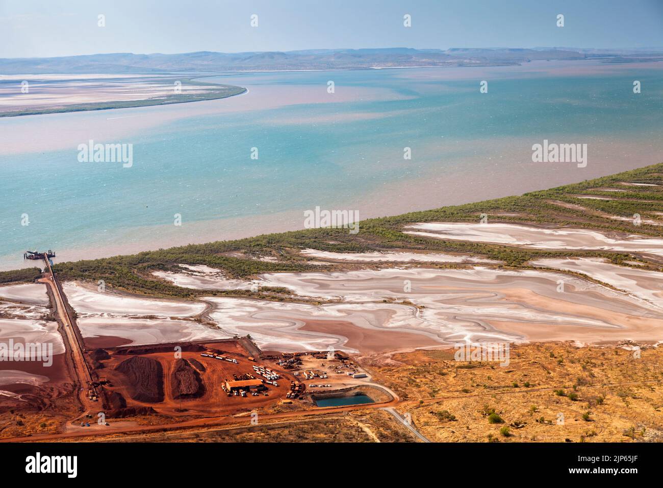 Iron ore loading facility at the Port of Wyndham on Cambridge Gulf, East Kimberley, viewed from Fiver Rivers Lookout, Mount Bastion (325m) Stock Photo