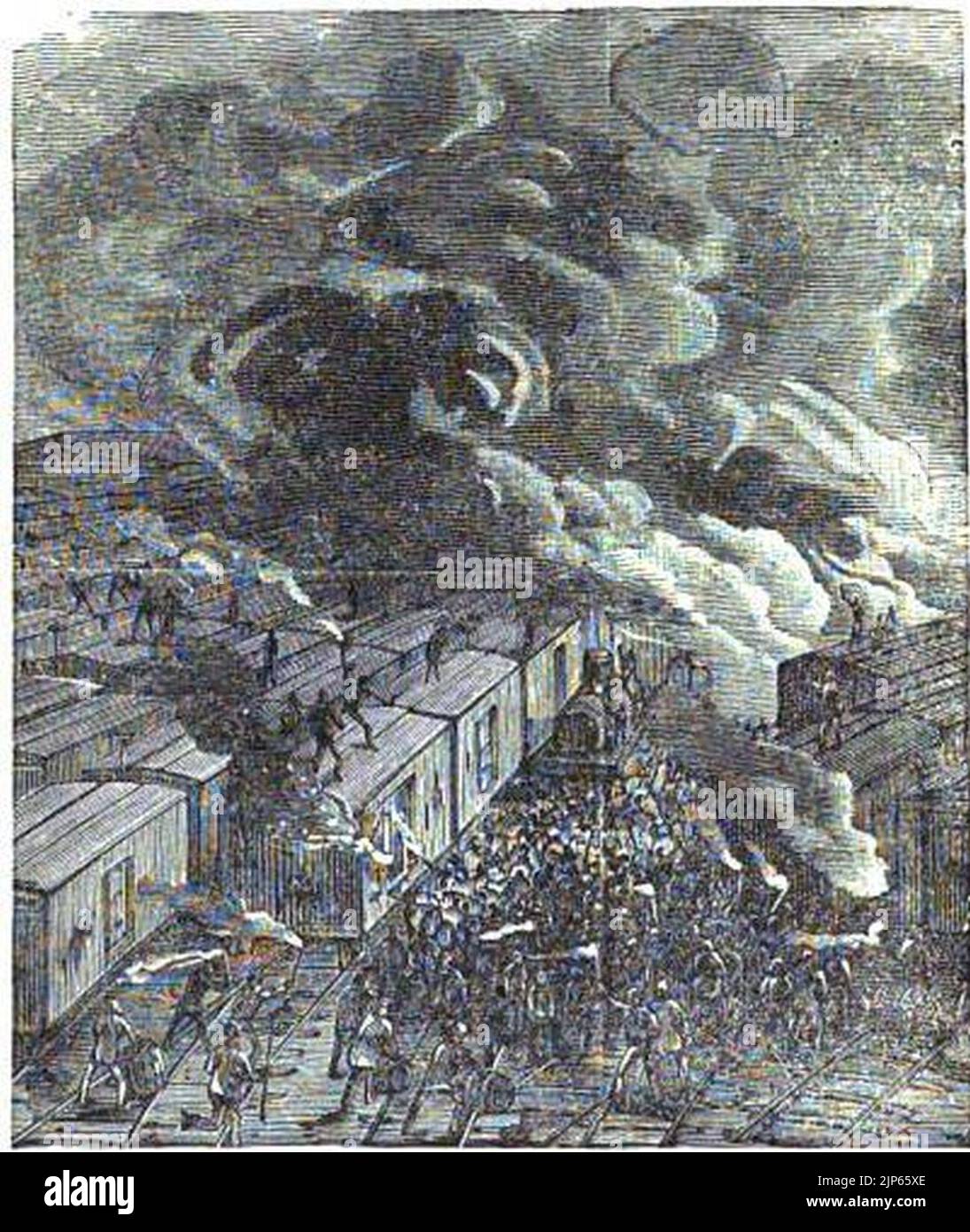 The mob burning the freight trains of the Pennsylvania Railroad Stock