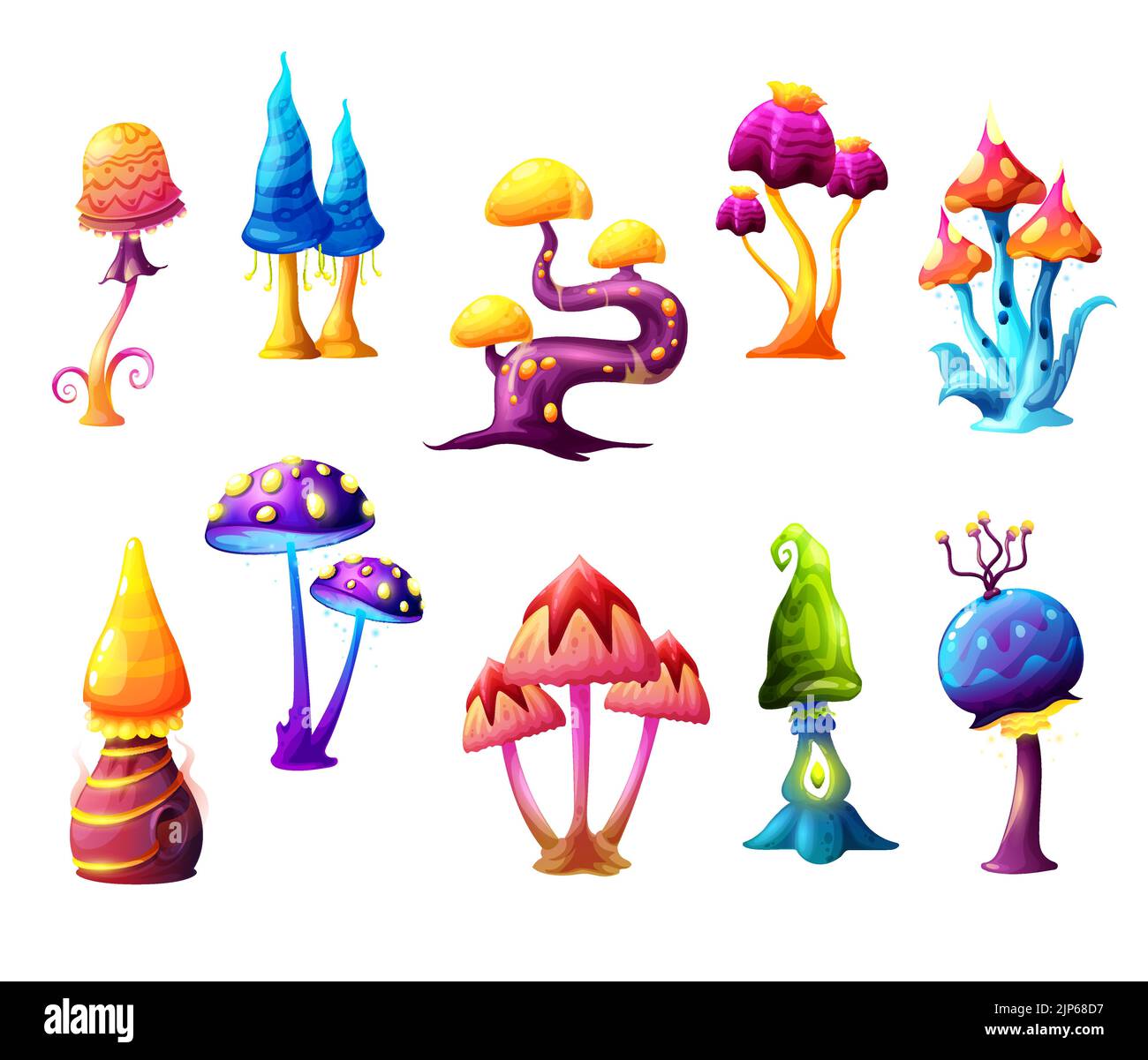 Fairy fantasy cartoon mushrooms, vector magic fungi of unusual shapes with bizarre stipes and odd caps. Natural elements for fairytale or computer game interface. Beautiful strange alien plants set Stock Vector