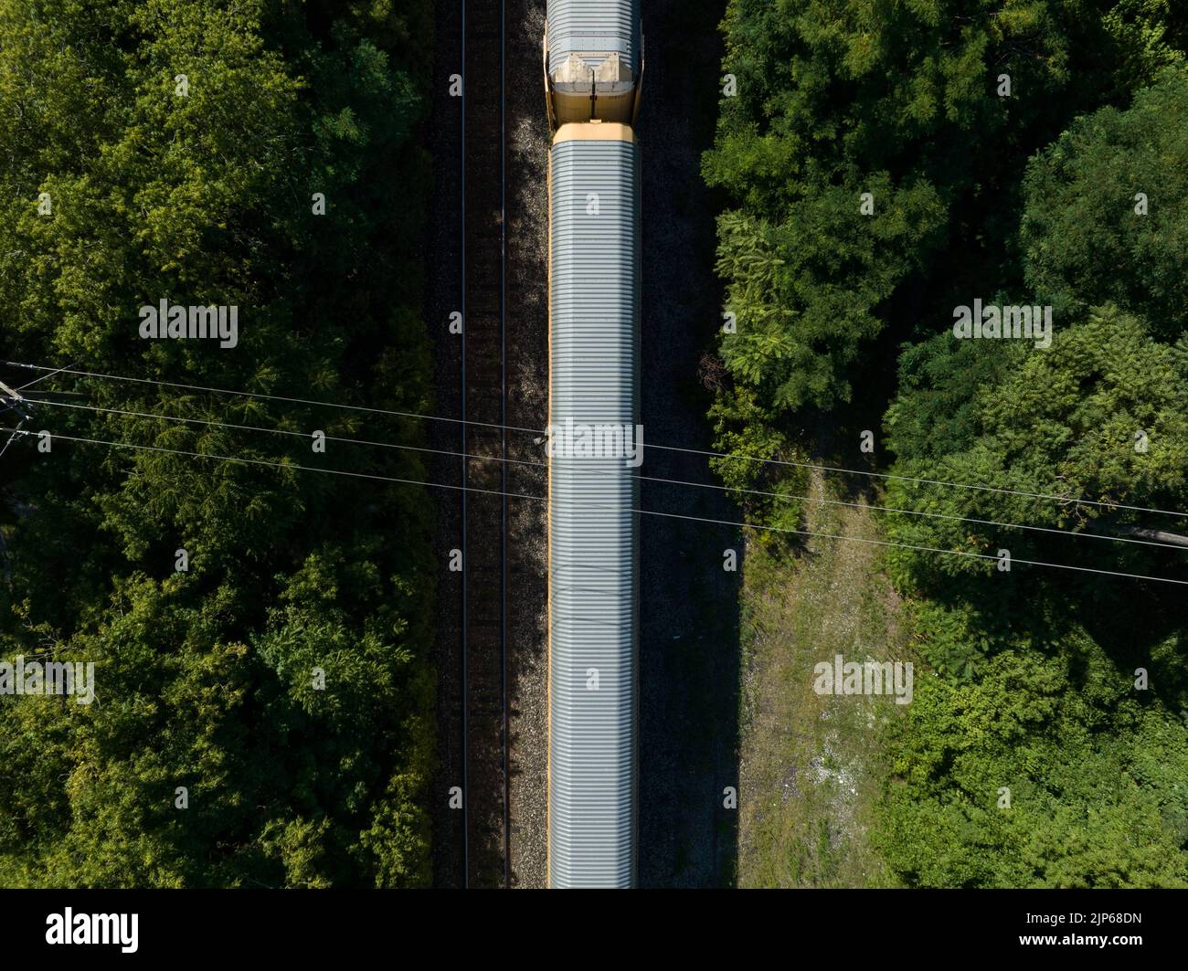 A direct overhead aerial view of an Autorack freight train car while travelling through a forest. Stock Photo