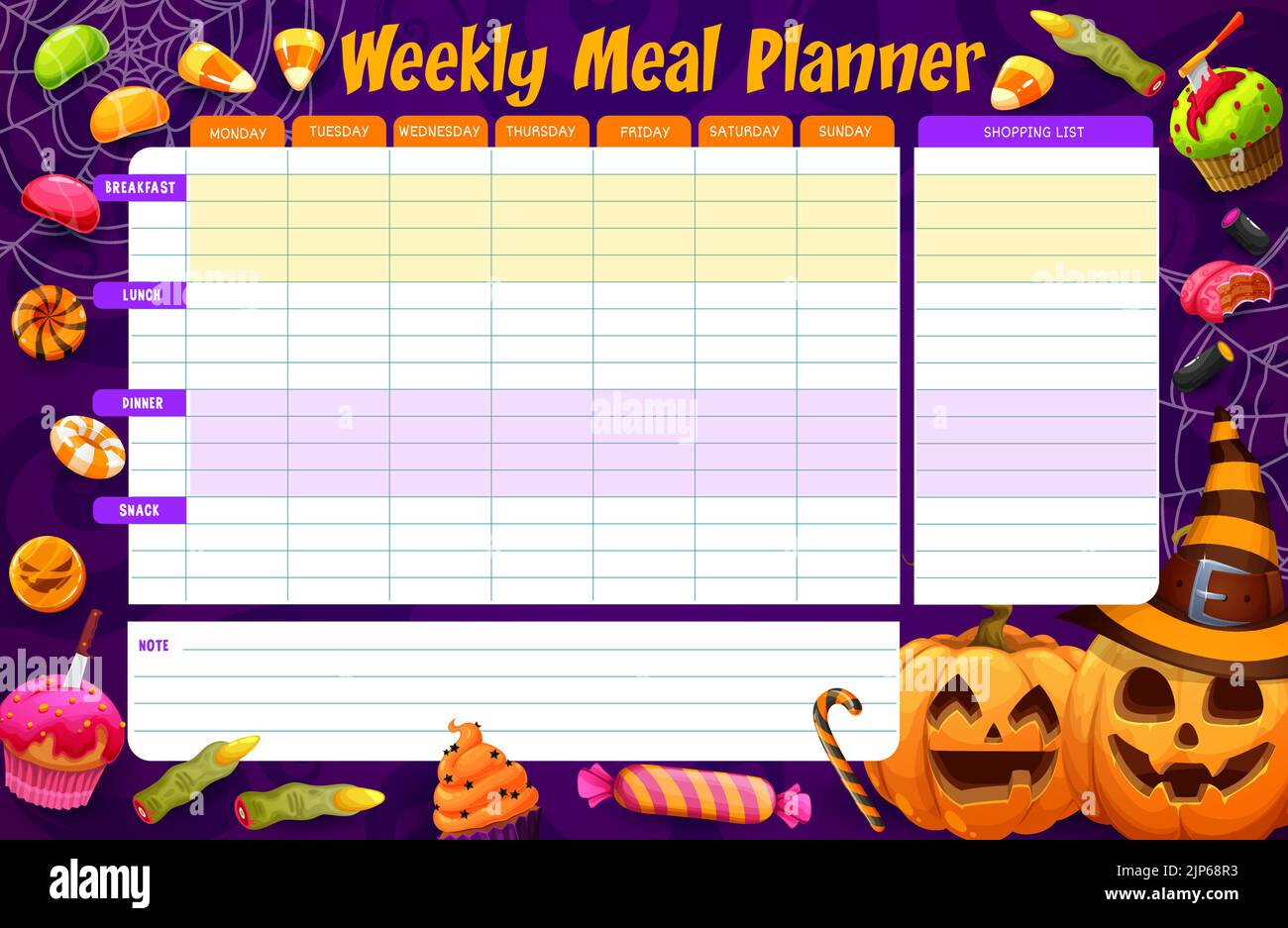 Weekly meal planner of Halloween holiday sweets and candies, pumpkins ...