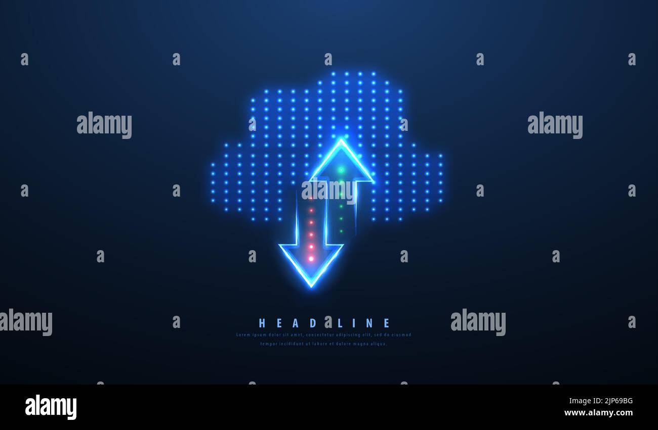 Cloud technology. Polygonal wireframe cloud storage sign with two arrows up and down on dark blue. Stock Vector