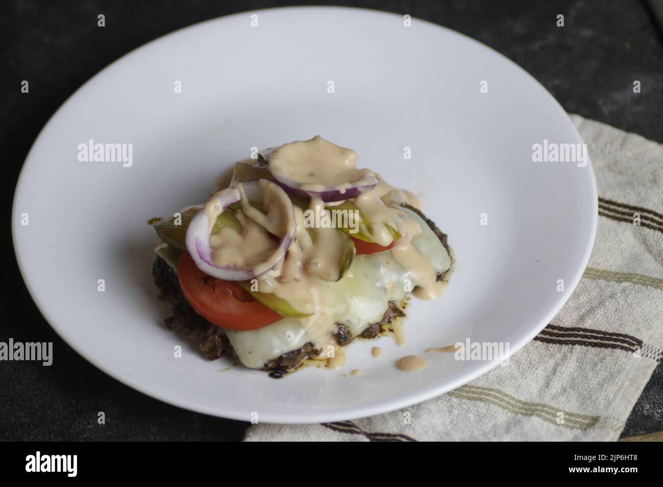 Bunless big mac type burger home made with thousand island dressing and