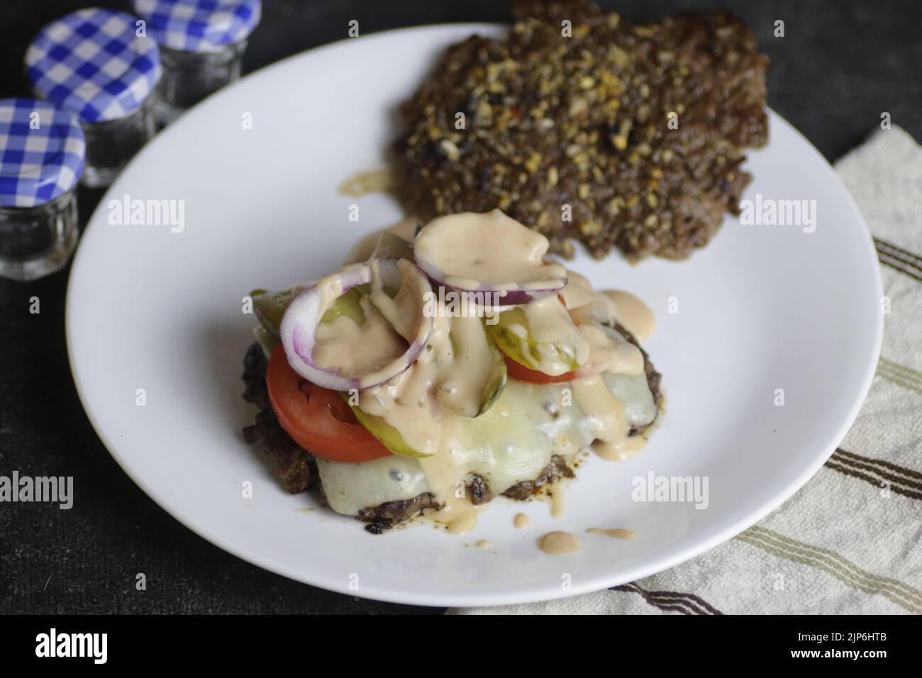Bunless big mac type burger home made with thousand island dressing and