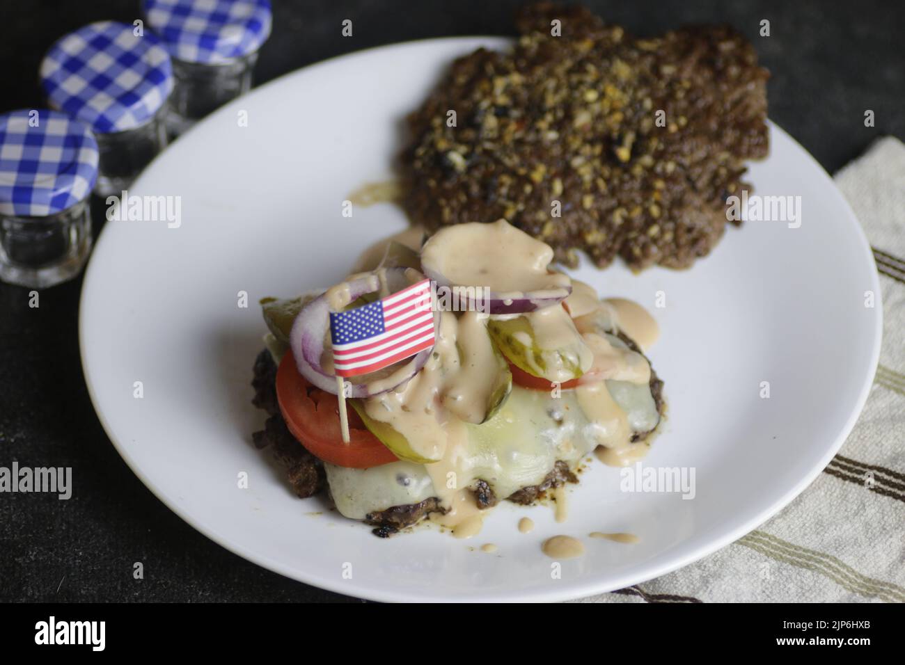 Bunless big mac type burger home made with thousand island dressing and the normal toppings