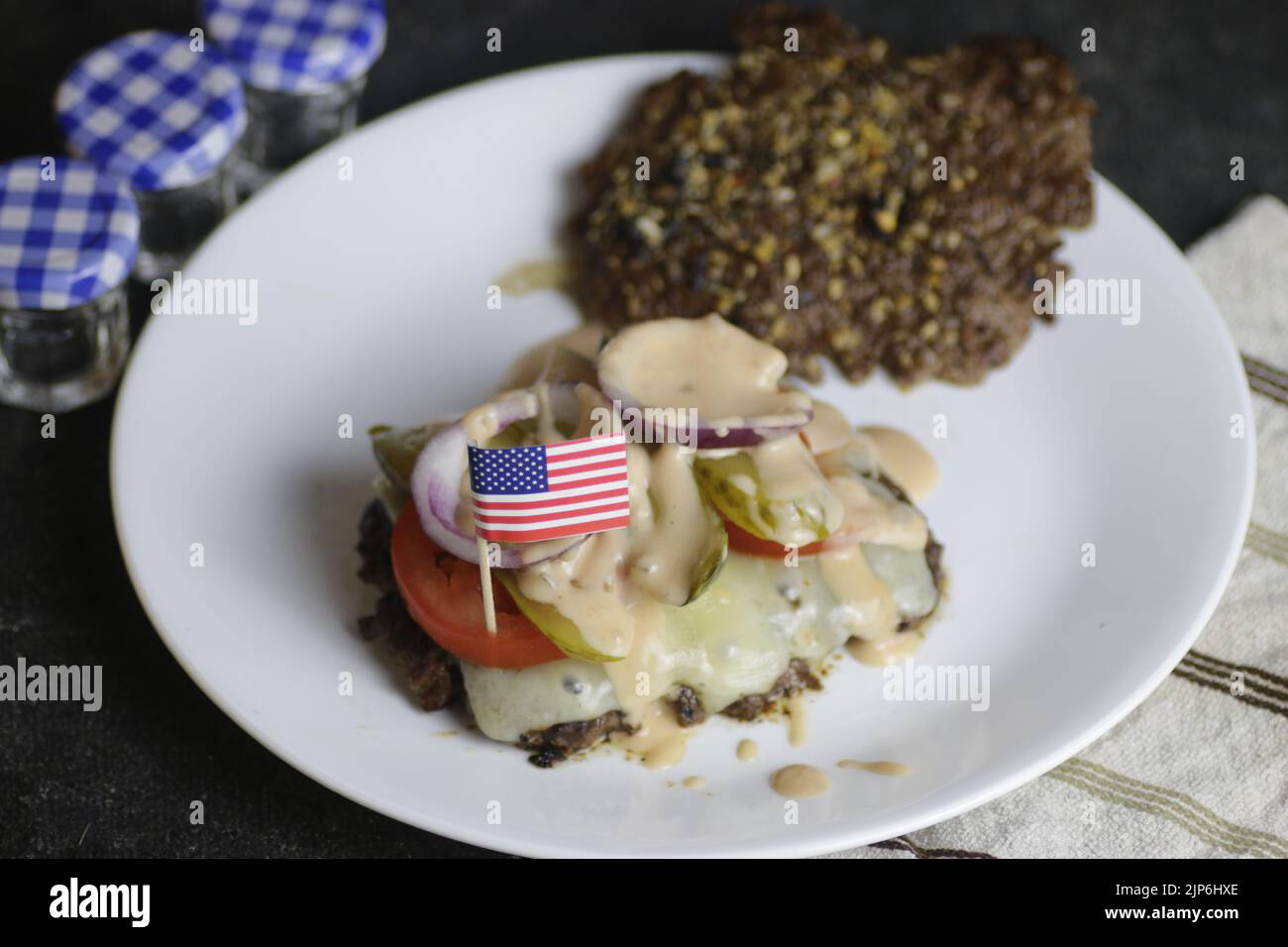 Bunless big mac type burger home made with thousand island dressing and