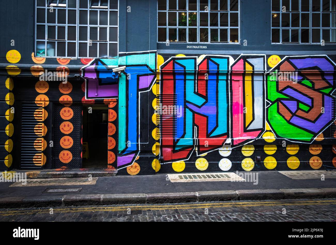 London, UK, July 2022, view of a mural at Ebor Street by the Street artist Ben Eine in collaboration with Dotmasters Stock Photo