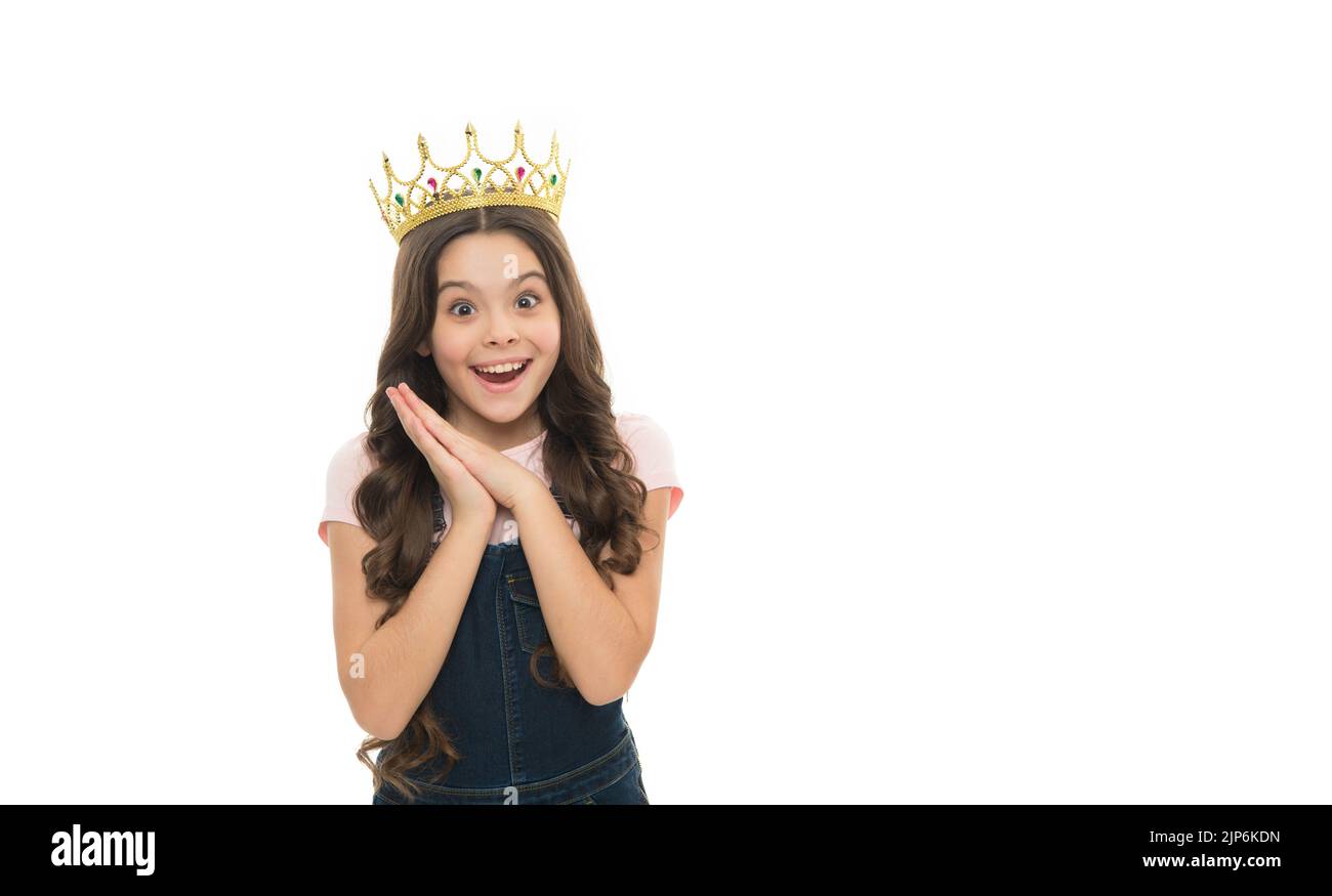 She looks like big boss here. Little big boss. Cute girl boss wearing crown  on her head. Small happy child with big smile on her face. Adorable boss  Stock Photo - Alamy