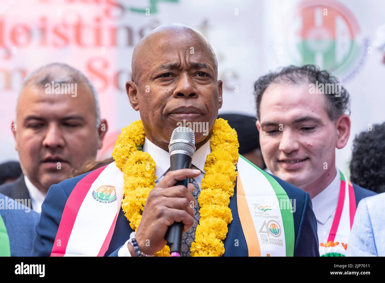 New York, NY - August 15, 2022: Mayor Eric Adams speaks during India’s 75th Anniversary of Independence Flag Raising at Times Square Stock Photo