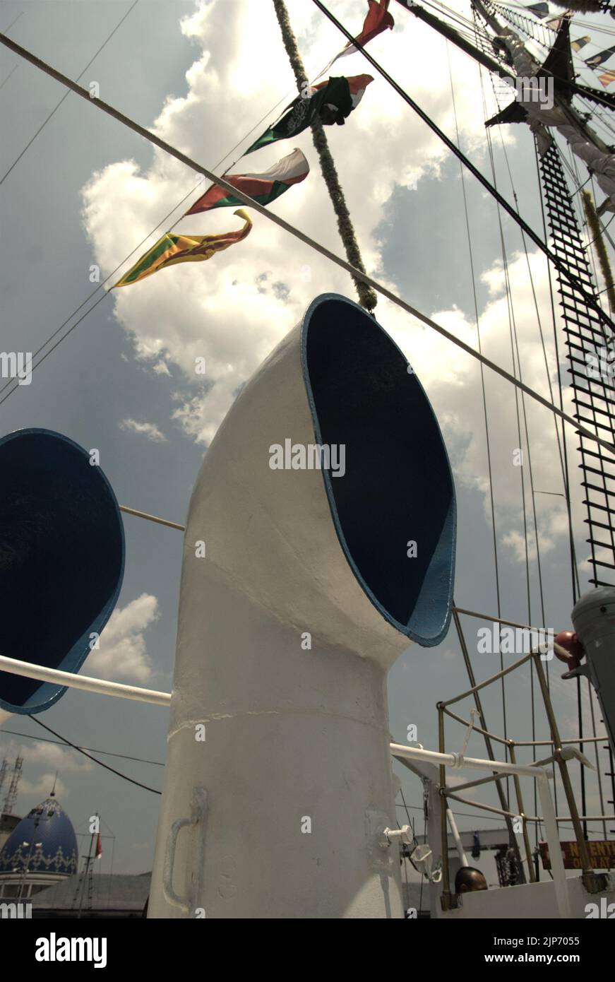 Ship vents on KRI Dewaruci (Dewa Ruci), an Indonesian tall ship, as the barquentine type schooner is opened for public visitors at Kolinlamil harbour (Navy harbour) in Tanjung Priok, North Jakarta, Jakarta, Indonesia. Stock Photo