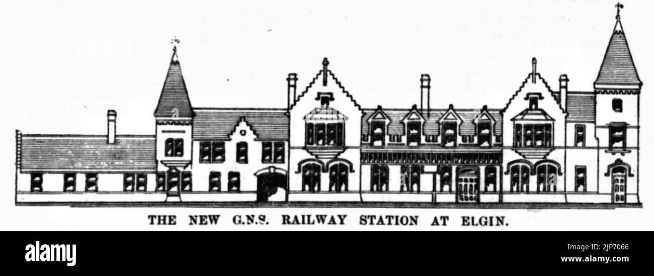 The new G.N.S. Railway Station at Elgin Stock Photo