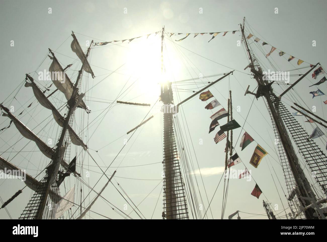 The masts of KRI Dewaruci (Dewa Ruci), an Indonesian tall ship, as the barquentine type schooner is opened for public visitors at Kolinlamil harbour (Navy harbour) in Tanjung Priok, North Jakarta, Jakarta, Indonesia. Stock Photo