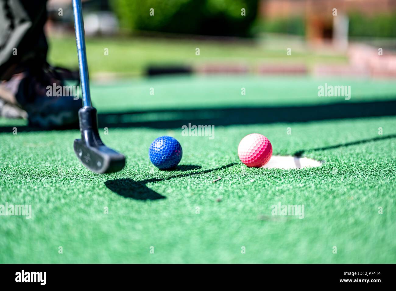 Mini golf game with several colored balls in the way of a putter lined