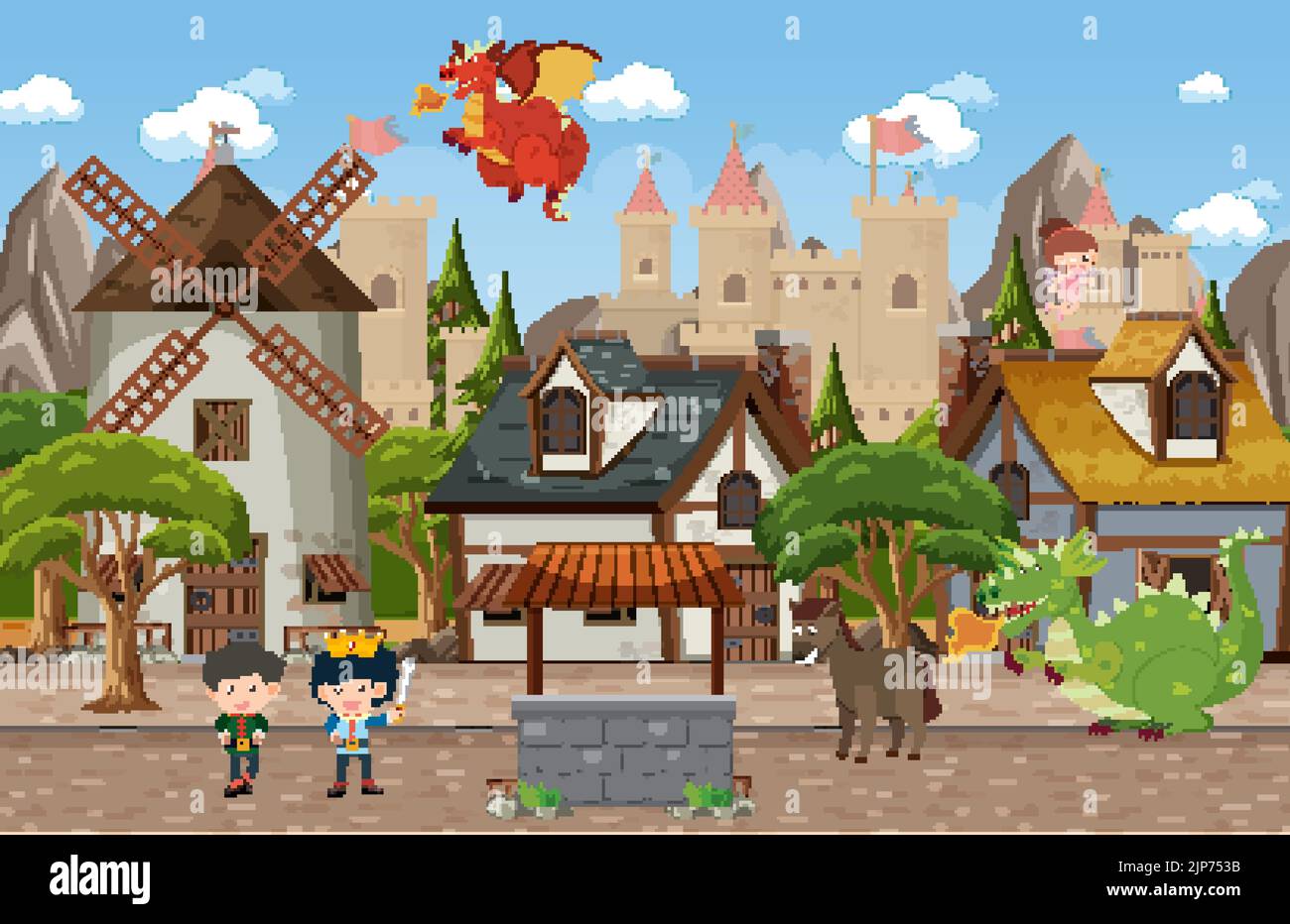 Medieval village scene castle background illustration Stock Vector ...