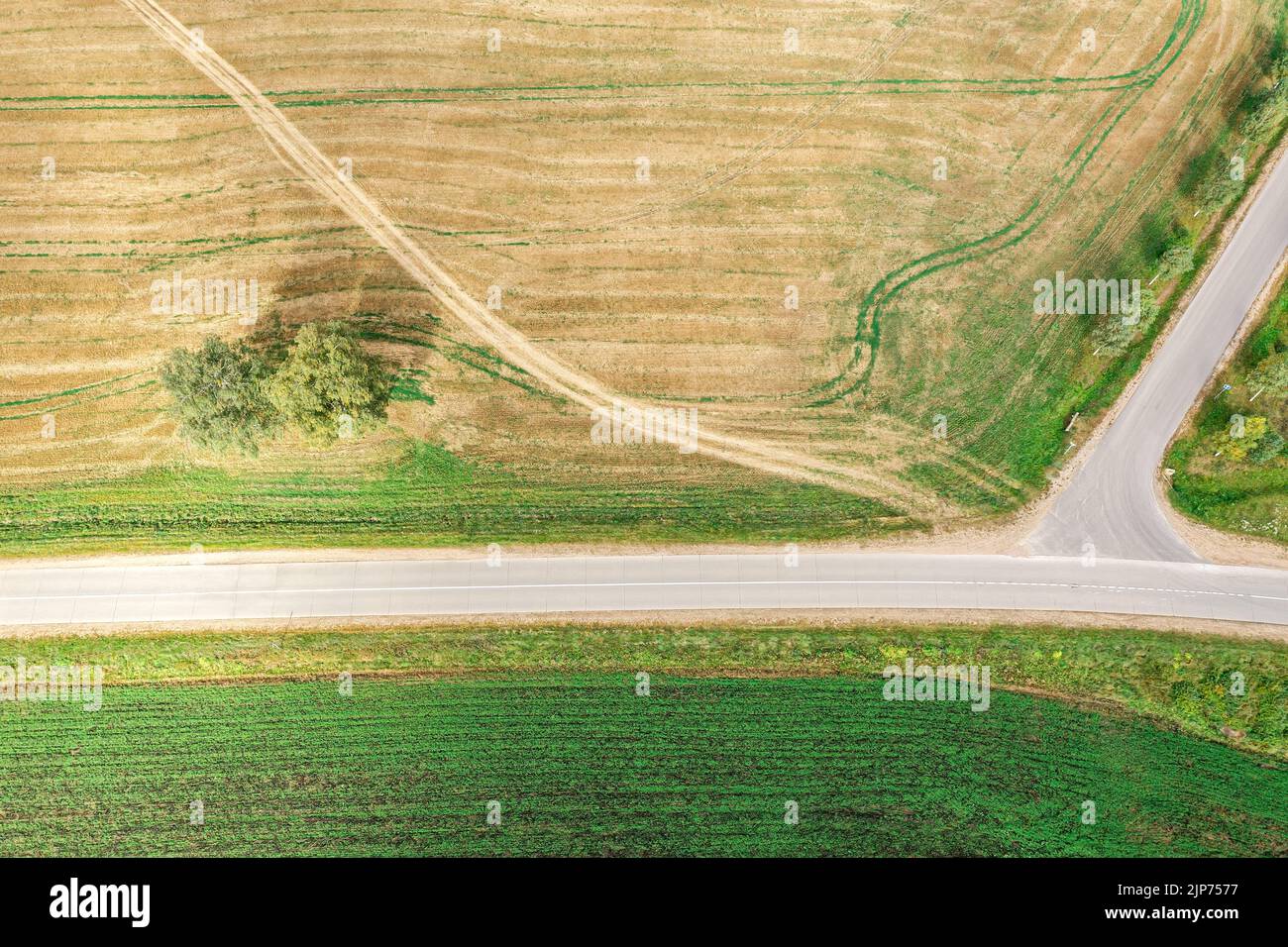 aerial top view of country road through a different agricultural fields in sunny autumn day. countryside scenery. Stock Photo
