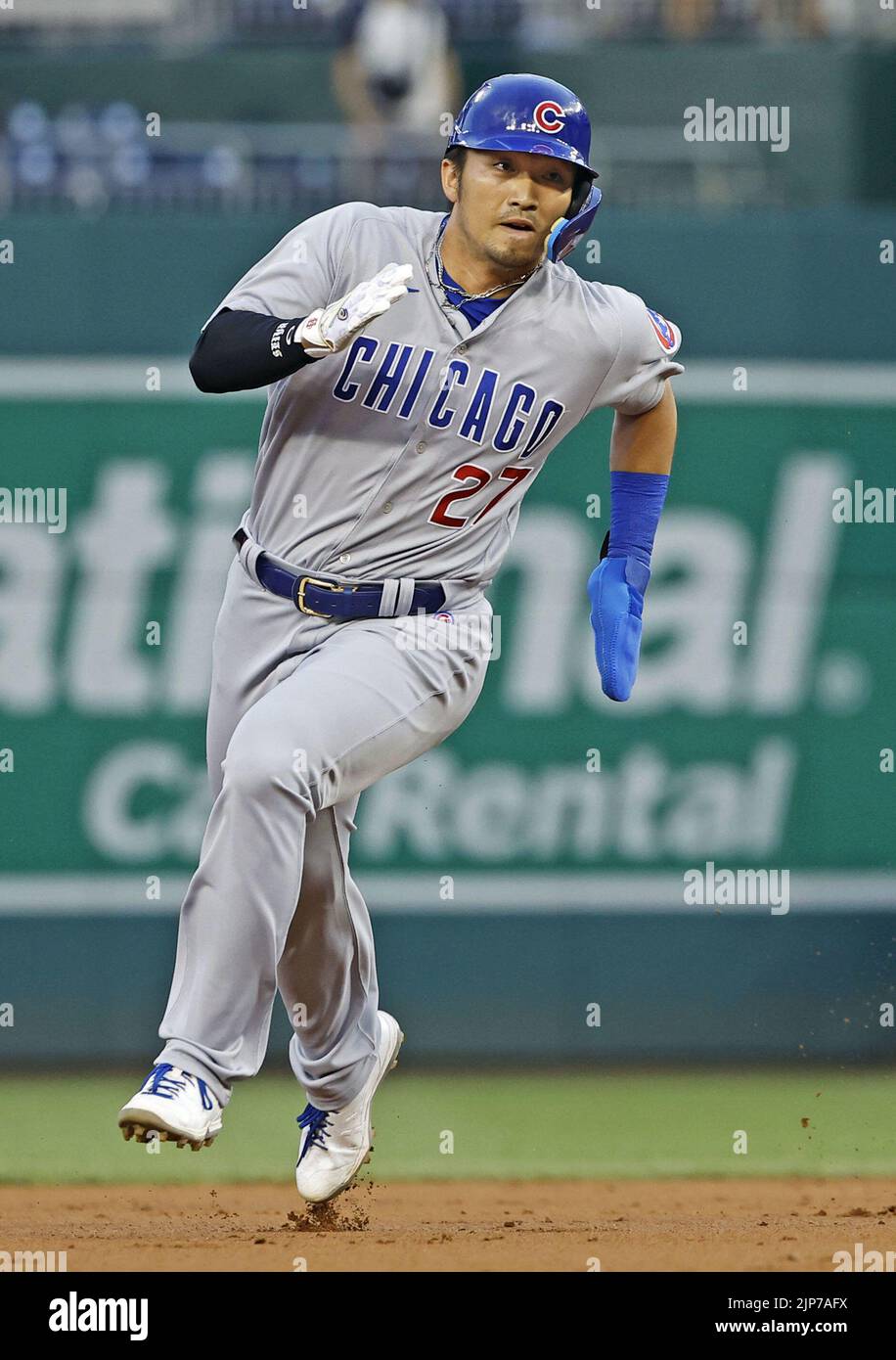 Seiya Suzuki of the Chicago Cubs rounds the bases to score on a Franmil Reyes triple in the first inning of a baseball game against the Washington Nationals on Aug. 15, 2022, at Nationals Park in Washington. (Kyodo)==Kyodo Photo via Credit: Newscom/Alamy Live News Stock Photo