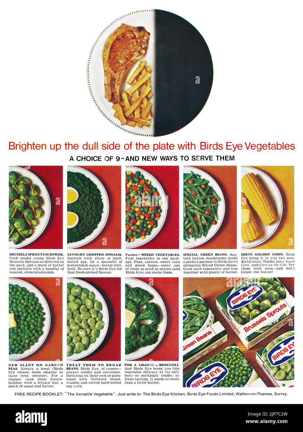 1965 British advertisement for Birds Eye frozen vegetables. Stock Photo