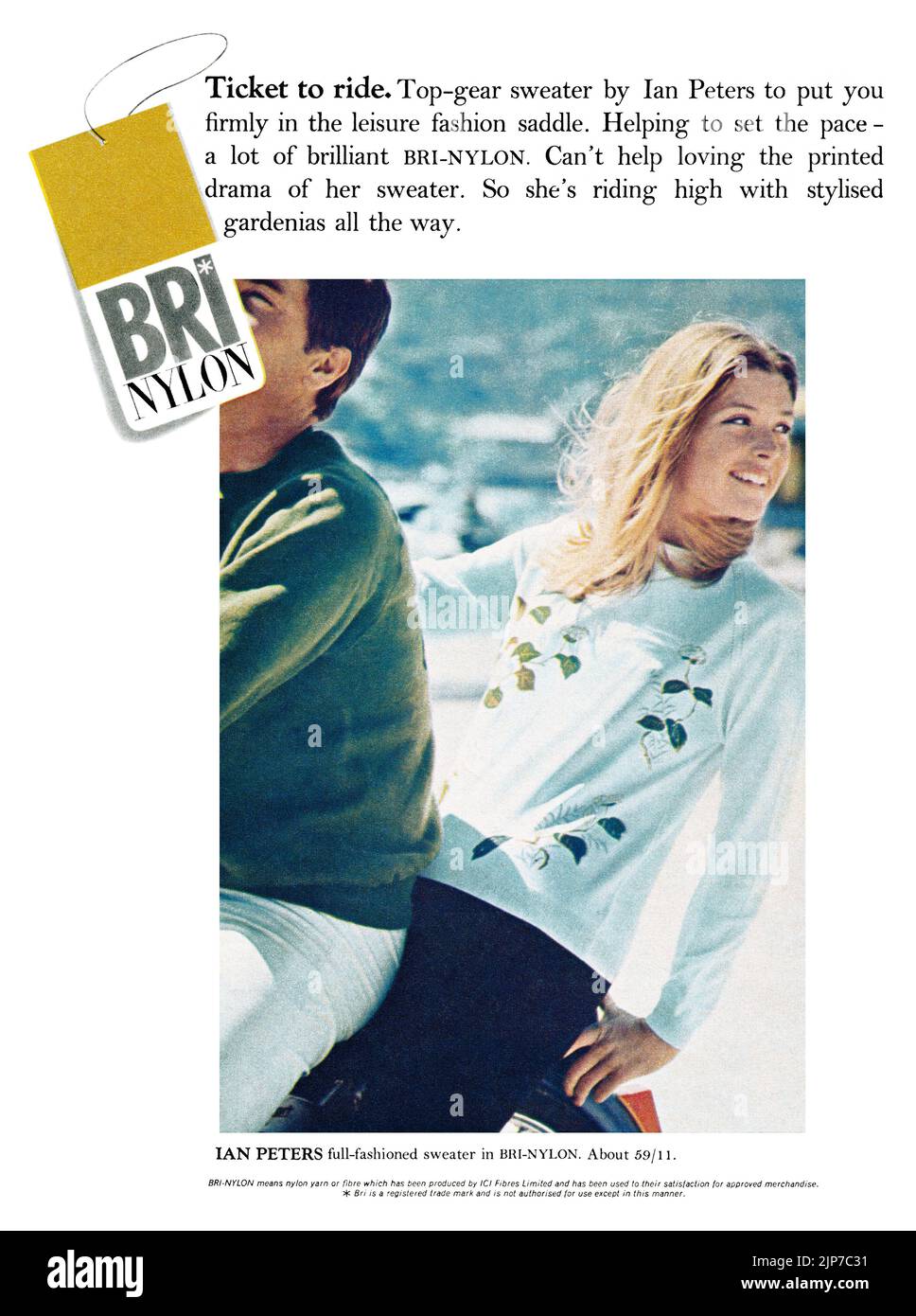 1965 British advertisement for Bri-Nylon fashion fabrics, featuring a sweater by Ian Peters. Stock Photo