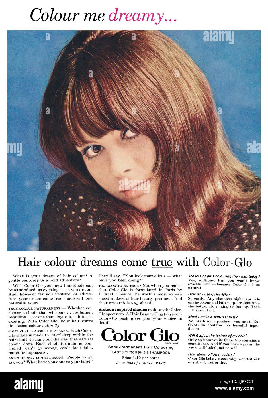 1965 British advertisement for Color Glo semi permanent hair colouring. Stock Photo